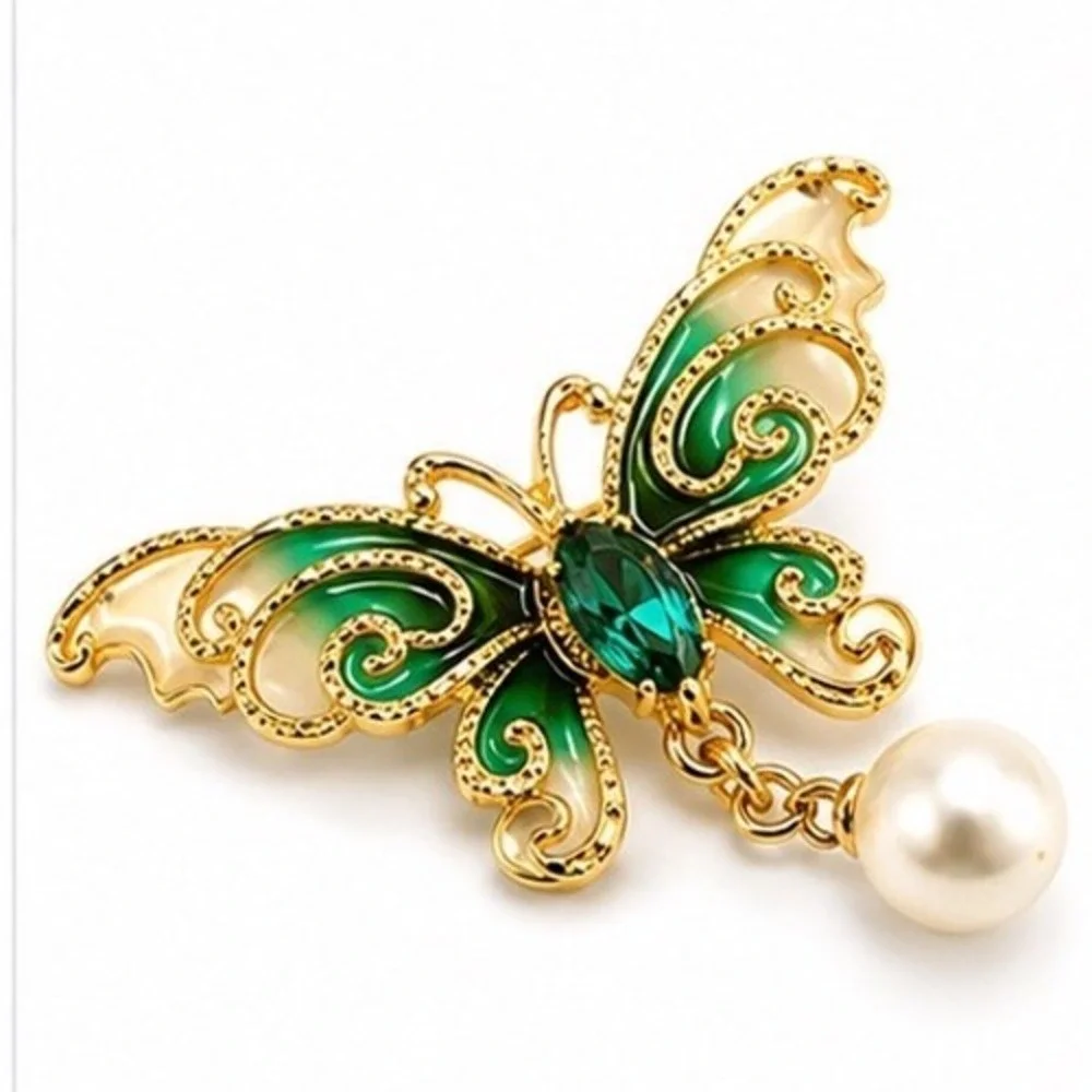 Butterfly Enamel Brooch Gold Tone Crystal Pearl Drop Pin Scroll work Detail